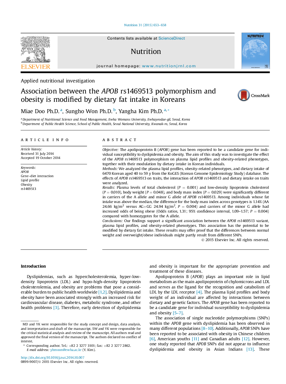 Applied nutritional investigationAssociation between the APOB rs1469513 polymorphism and obesity is modified by dietary fat intake in Koreans