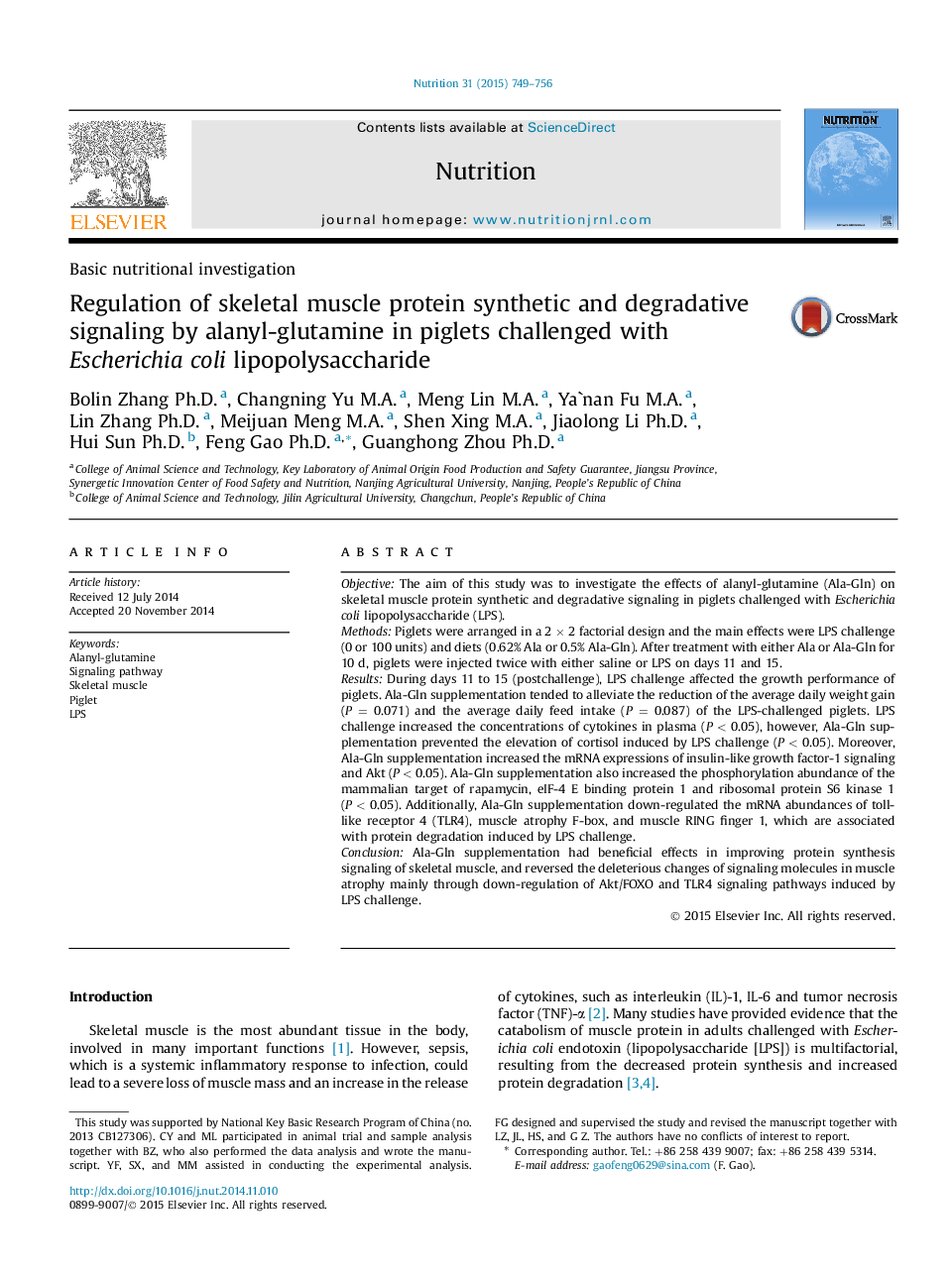 Basic nutritional investigationRegulation of skeletal muscle protein synthetic and degradative signaling by alanyl-glutamine in piglets challenged with Escherichia coli lipopolysaccharide