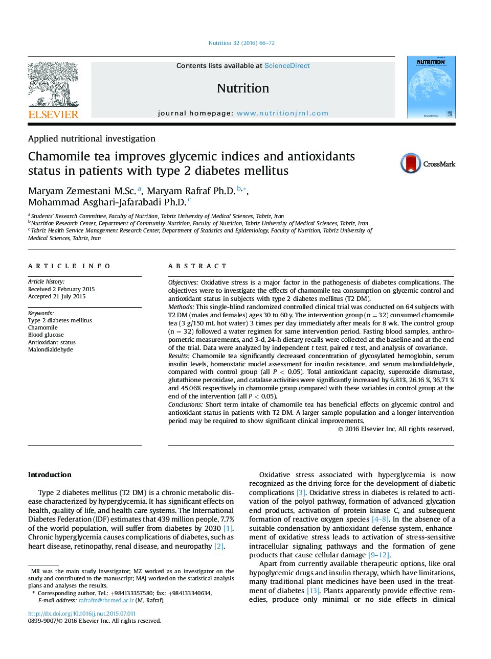 Applied nutritional investigationChamomile tea improves glycemic indices and antioxidants status in patients with type 2 diabetes mellitus