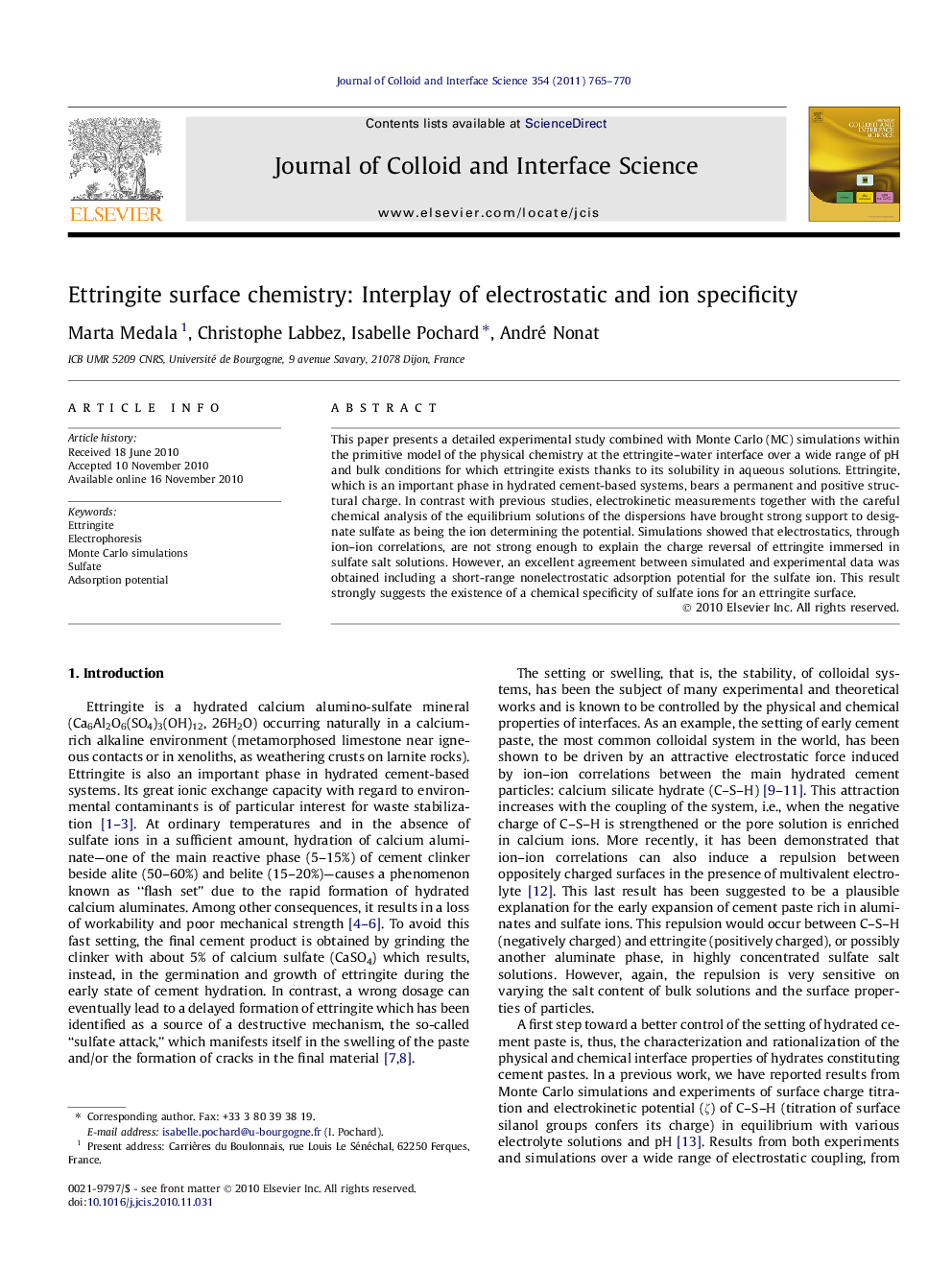 Ettringite surface chemistry: Interplay of electrostatic and ion specificity