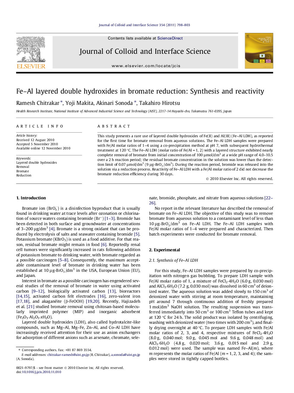 Fe–Al layered double hydroxides in bromate reduction: Synthesis and reactivity