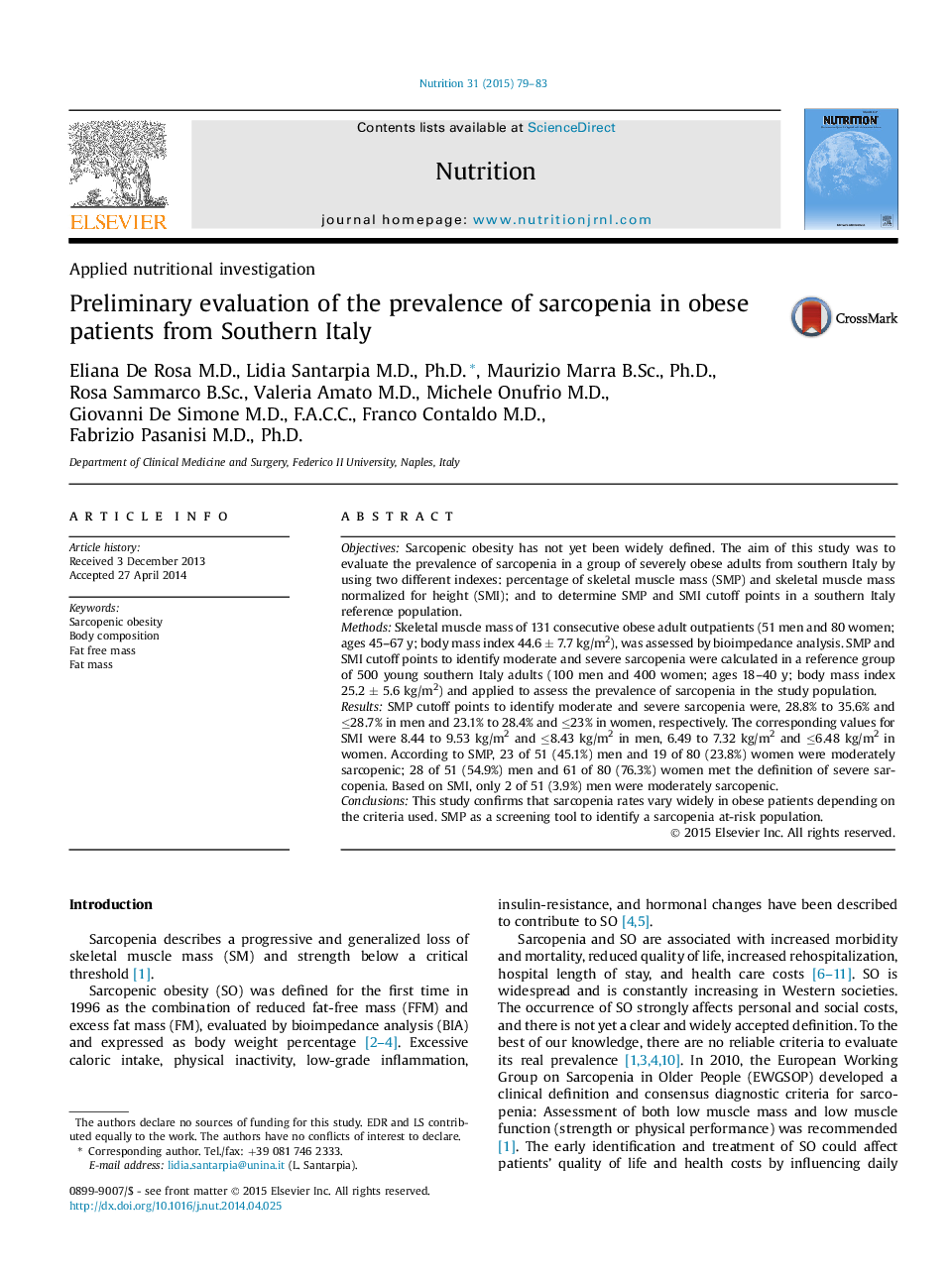Applied nutritional investigationPreliminary evaluation of the prevalence of sarcopenia in obese patients from Southern Italy