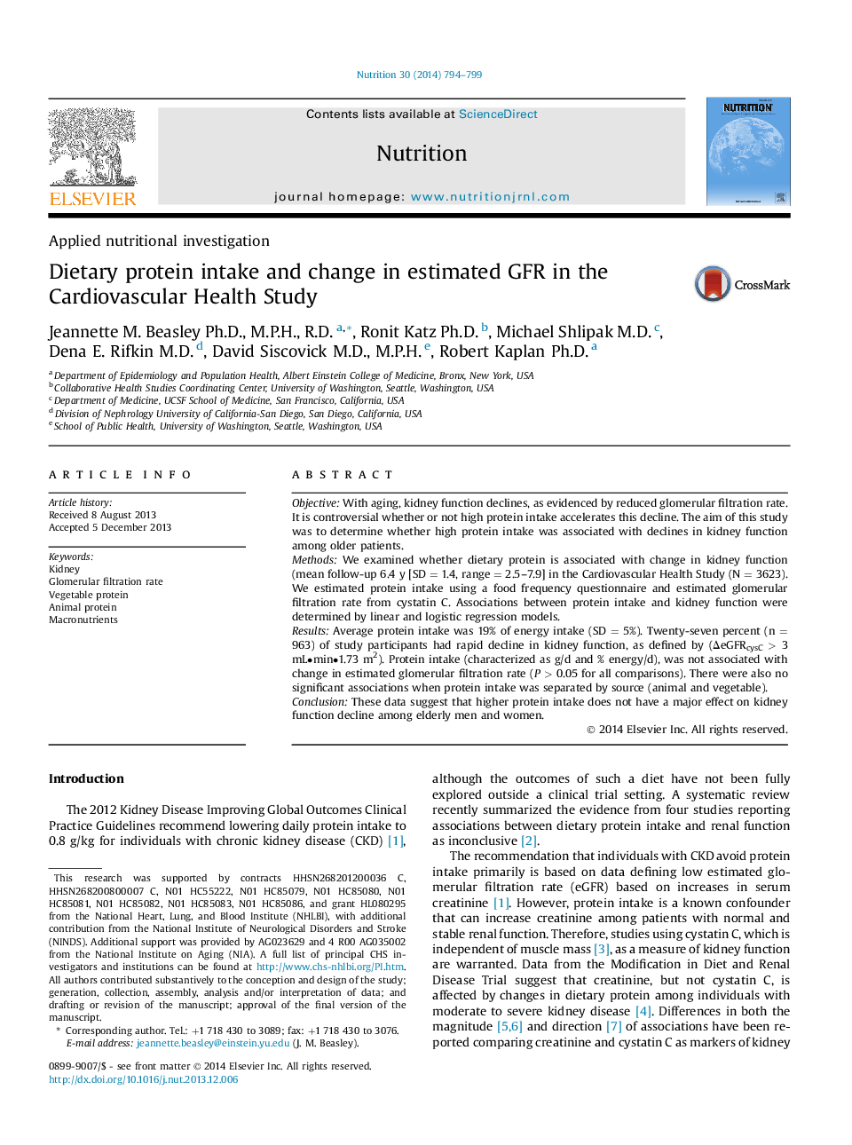 Applied nutritional investigationDietary protein intake and change in estimated GFR in the Cardiovascular Health Study