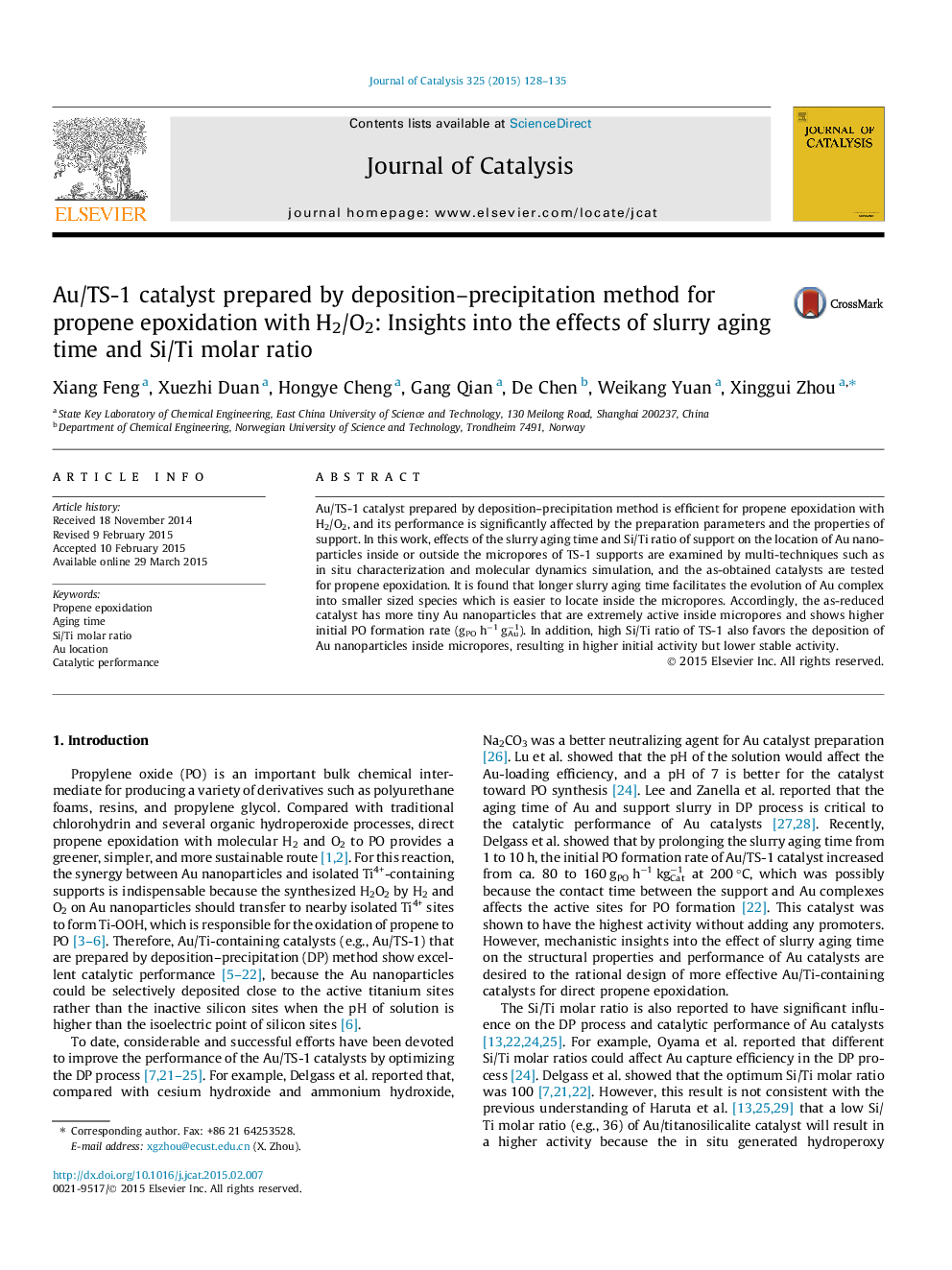 Au/TS-1 catalyst prepared by deposition–precipitation method for propene epoxidation with H2/O2: Insights into the effects of slurry aging time and Si/Ti molar ratio