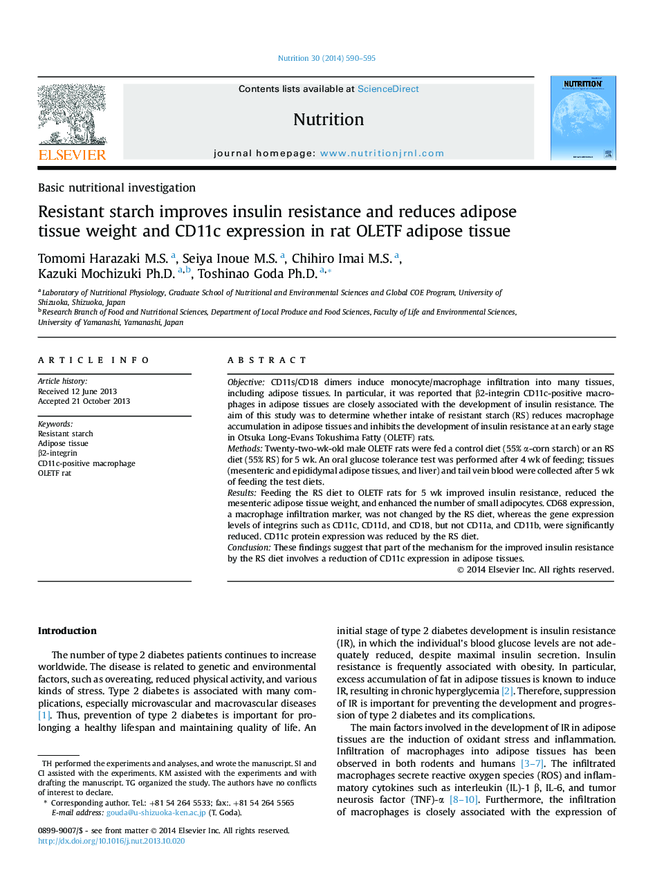 Basic nutritional investigationResistant starch improves insulin resistance and reduces adipose tissue weight and CD11c expression in rat OLETF adipose tissue