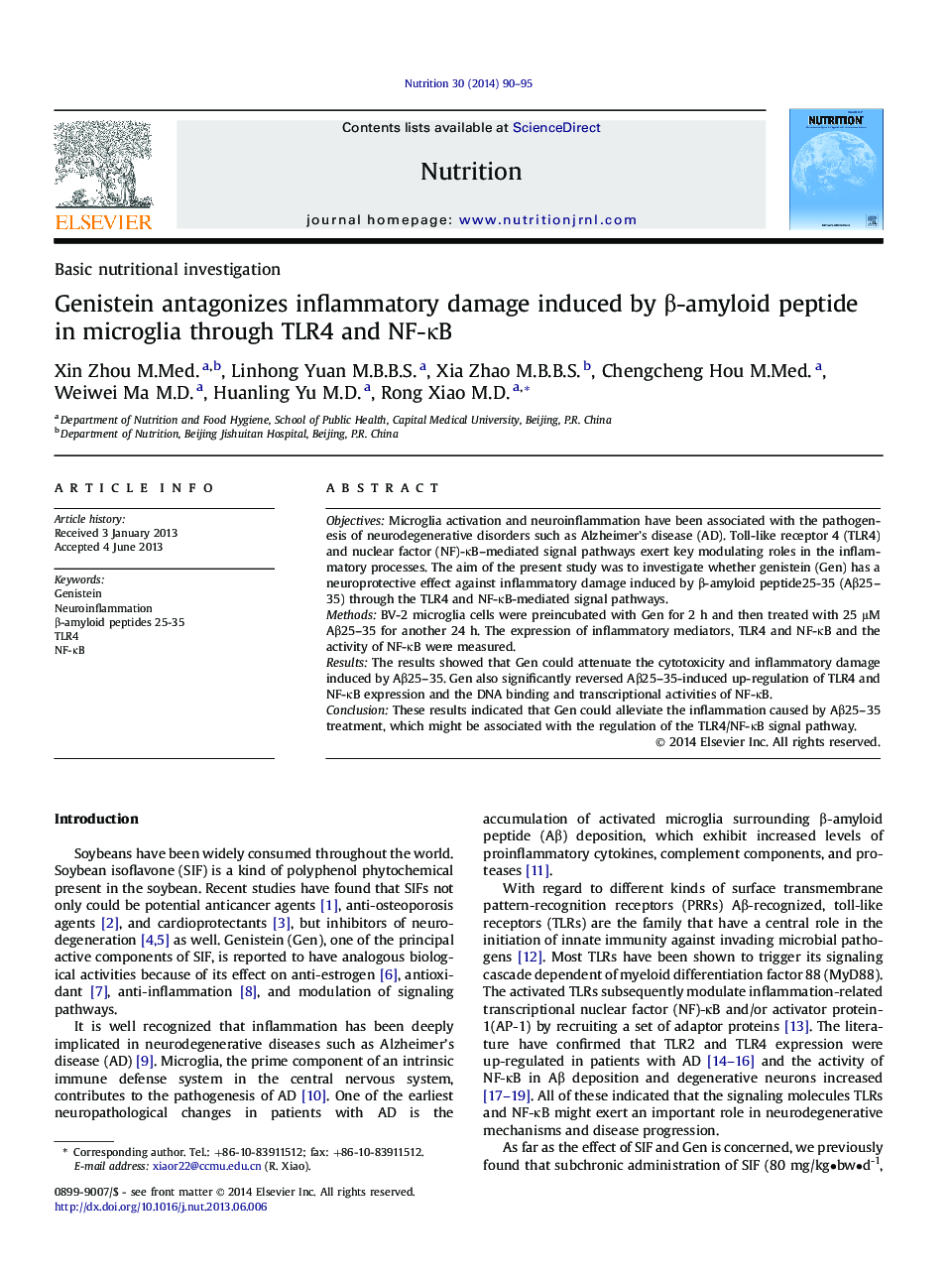 Basic nutritional investigationGenistein antagonizes inflammatory damage induced by Î²-amyloid peptide in microglia through TLR4 and NF-ÎºB