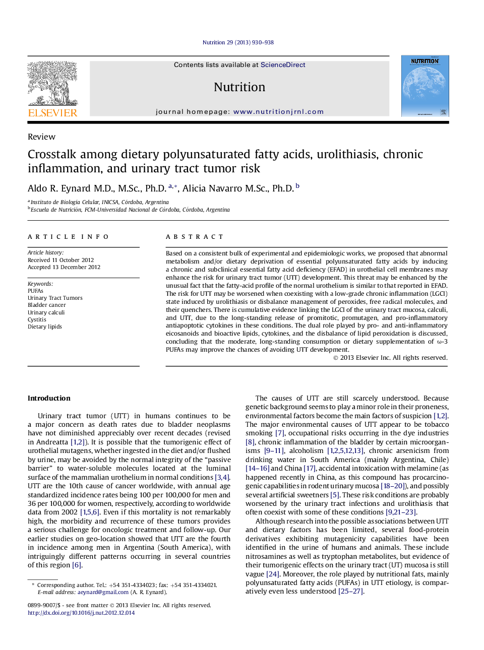 ReviewCrosstalk among dietary polyunsaturated fatty acids, urolithiasis, chronic inflammation, and urinary tract tumor risk