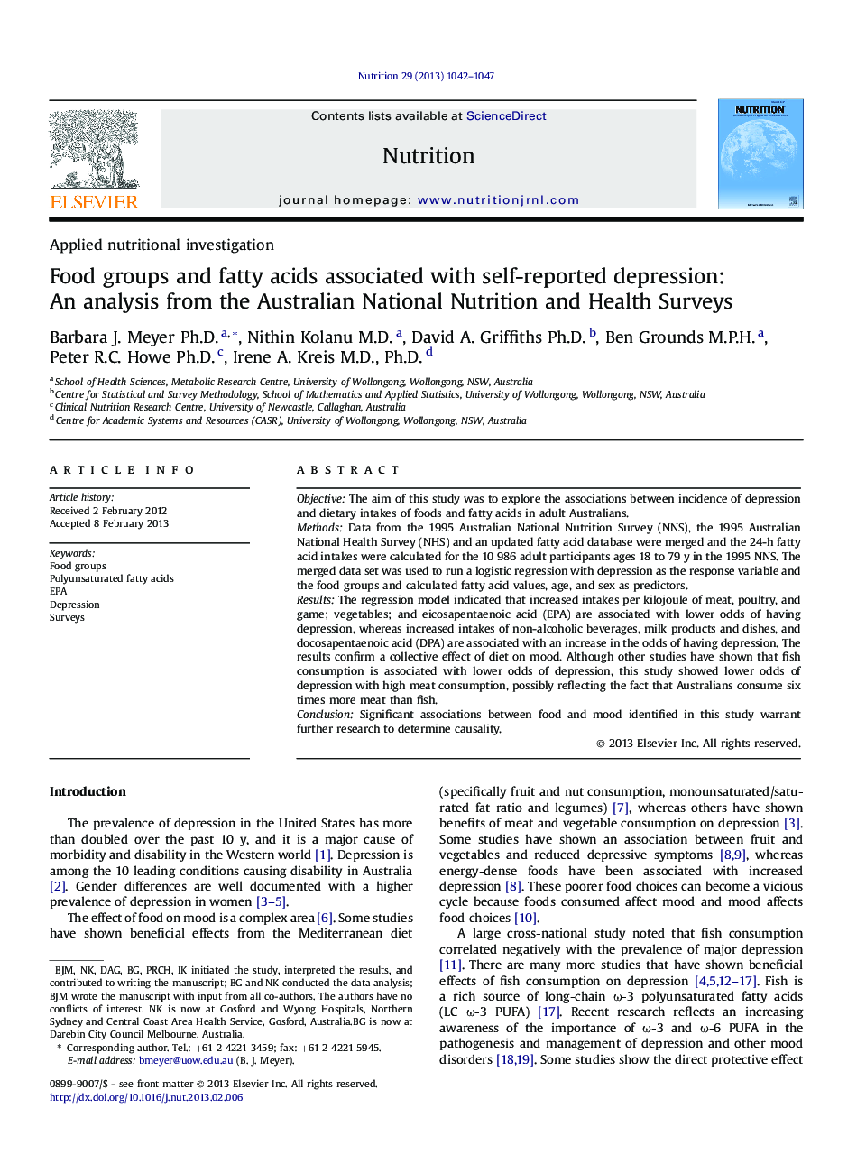 تحقیقات تغذیه ای کاربردی گروه های غذایی و اسیدهای چرب در ارتباط با افسردگی گزارش شده خود: تجزیه و تحلیل از نظرسنجی ملی تغذیه و بهداشت استرالیا 