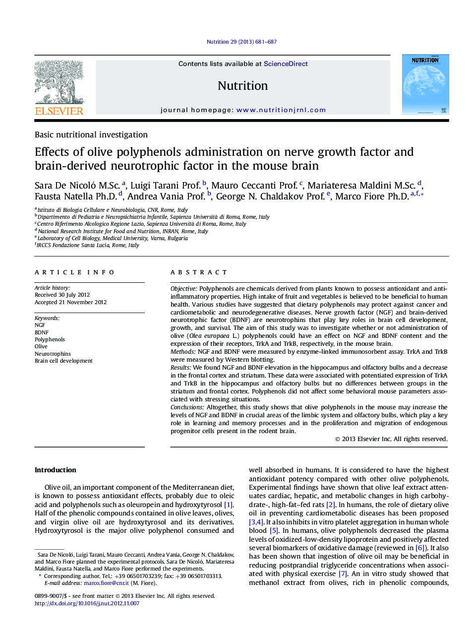 Basic nutritional investigationEffects of olive polyphenols administration on nerve growth factor and brain-derived neurotrophic factor in the mouse brain