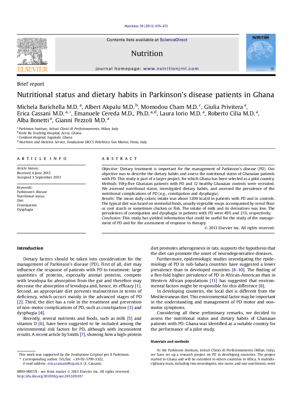 Brief reportNutritional status and dietary habits in Parkinson's disease patients in Ghana