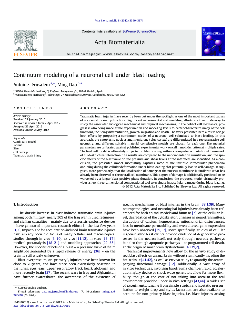 عکس صفحه اول مقاله: Continuum modeling of a neuronal cell under blast loading Continuum modeling of a neuronal cell under blast loading
