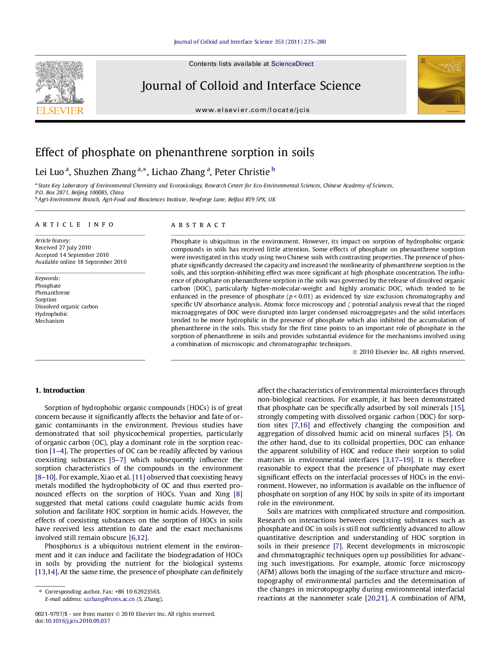 Effect of phosphate on phenanthrene sorption in soils