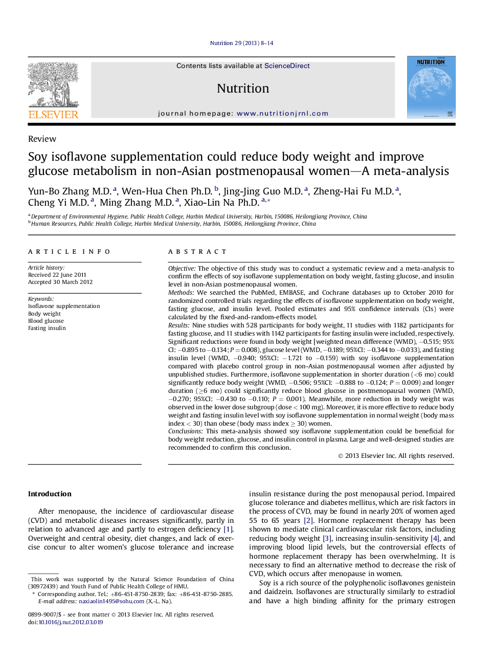 ReviewSoy isoflavone supplementation could reduce body weight and improve glucose metabolism in non-Asian postmenopausal women-A meta-analysis