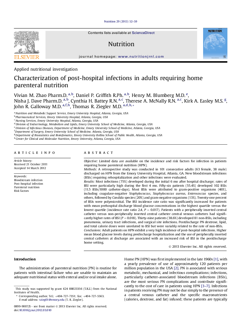 Applied nutritional investigationCharacterization of post-hospital infections in adults requiring home parenteral nutrition