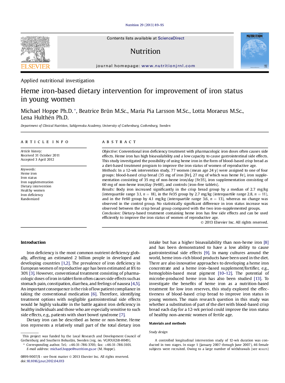 Applied nutritional investigationHeme iron-based dietary intervention for improvement of iron status in young women