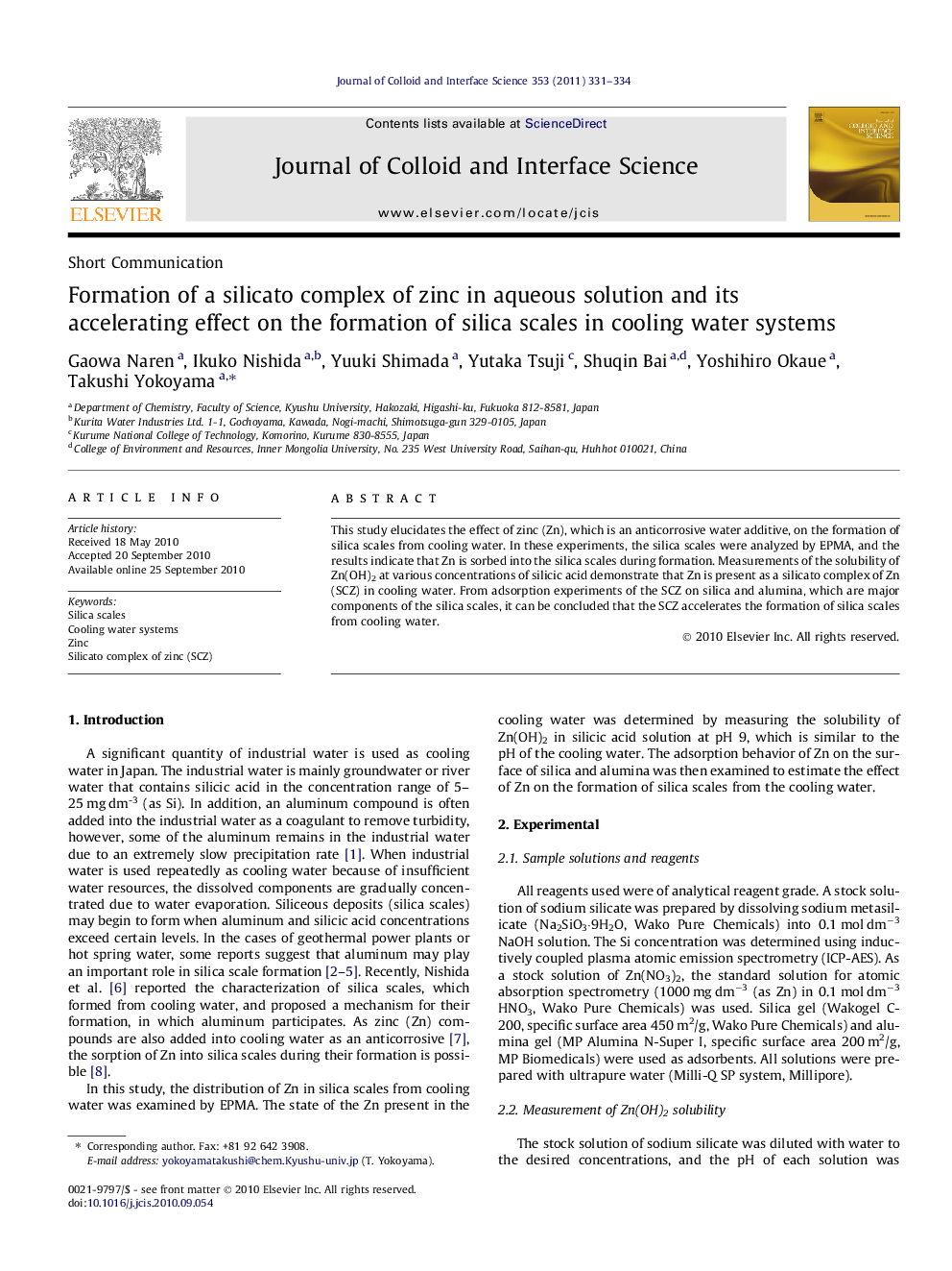 Formation of a silicato complex of zinc in aqueous solution and its accelerating effect on the formation of silica scales in cooling water systems