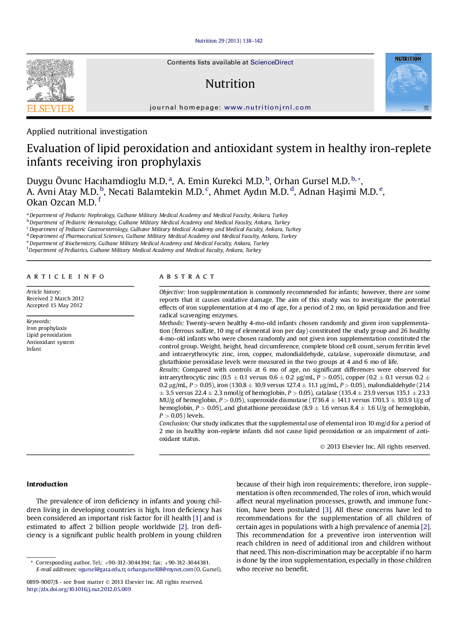 Applied nutritional investigationEvaluation of lipid peroxidation and antioxidant system in healthy iron-replete infants receiving iron prophylaxis