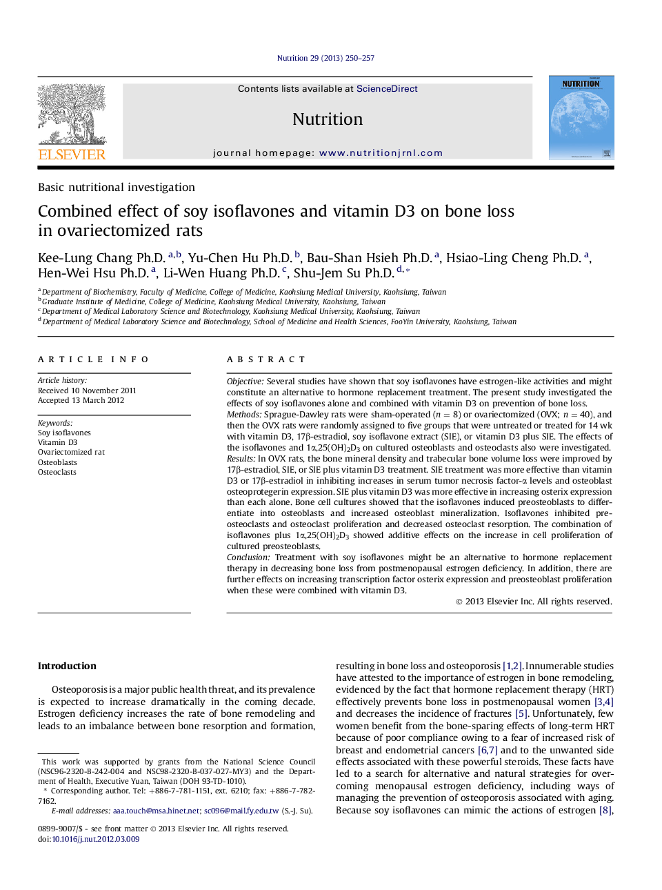 Basic nutritional investigationCombined effect of soy isoflavones and vitamin D3 on bone loss in ovariectomized rats