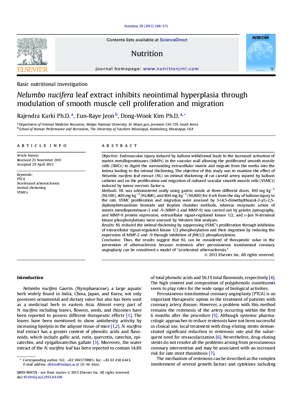 Basic nutritional investigationNelumbo nucifera leaf extract inhibits neointimal hyperplasia through modulation of smooth muscle cell proliferation and migration