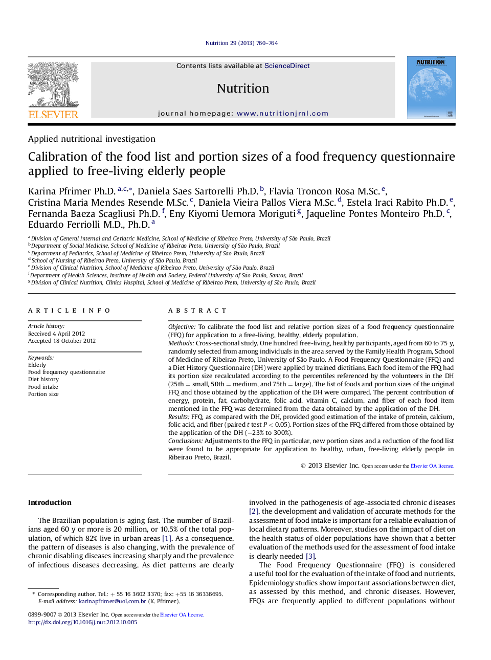 Calibration of the food list and portion sizes of a food frequency questionnaire applied to free-living elderly people