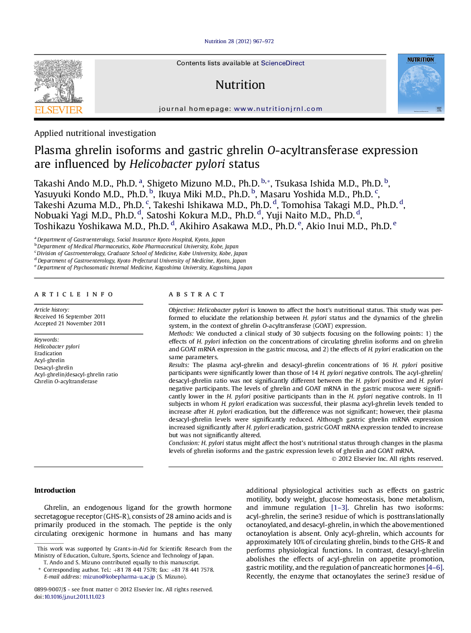 Applied nutritional investigationPlasma ghrelin isoforms and gastric ghrelin O-acyltransferase expression areÂ influenced by Helicobacter pylori status