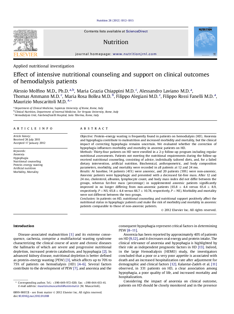 Applied nutritional investigationEffect of intensive nutritional counseling and support on clinical outcomes of hemodialysis patients