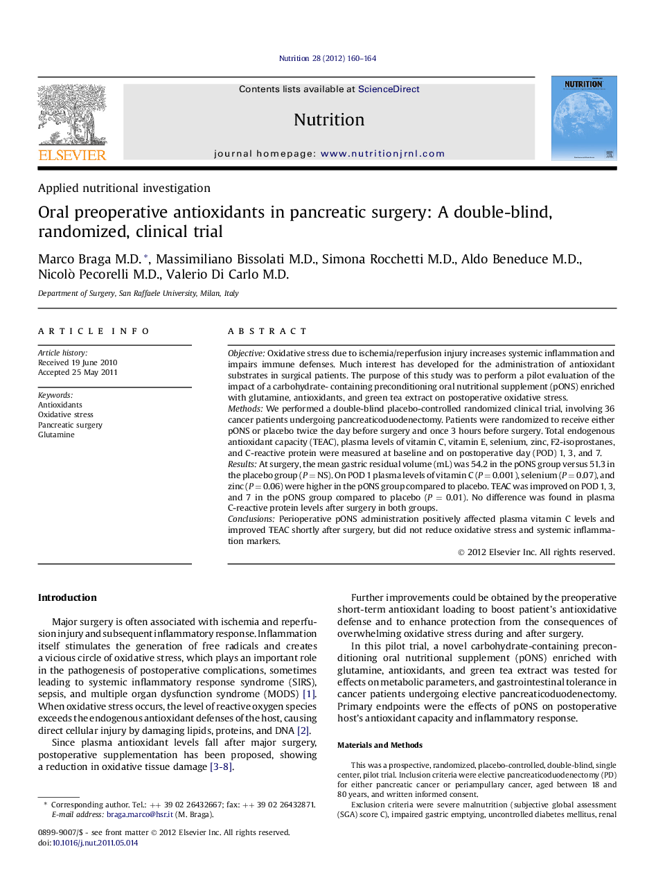 Applied nutritional investigationOral preoperative antioxidants in pancreatic surgery: A double-blind, randomized, clinical trial