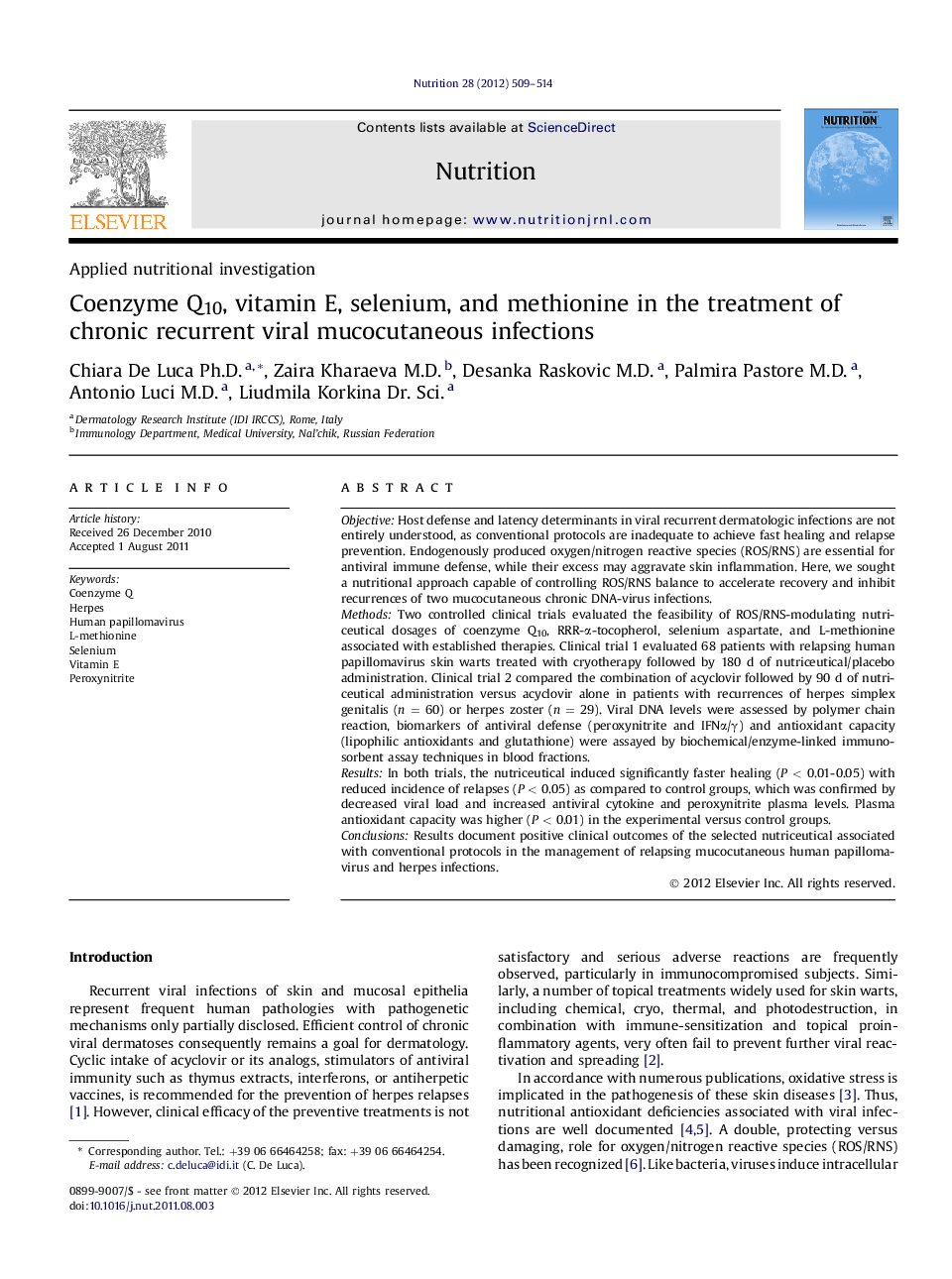 Applied nutritional investigationCoenzyme Q10, vitamin E, selenium, and methionine in the treatment of chronic recurrent viral mucocutaneous infections