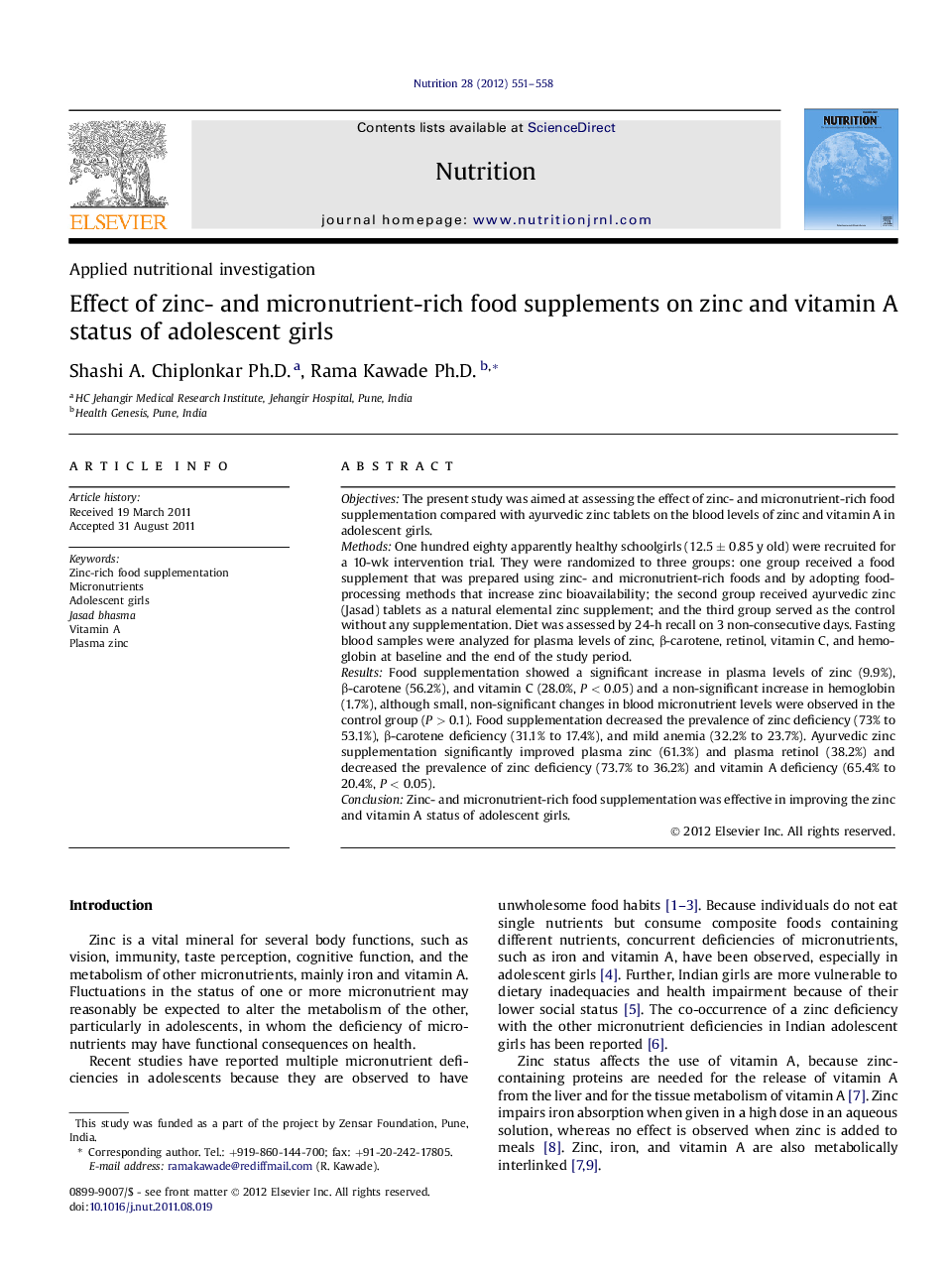 Applied nutritional investigationEffect of zinc- and micronutrient-rich food supplements on zinc and vitamin A status of adolescent girls