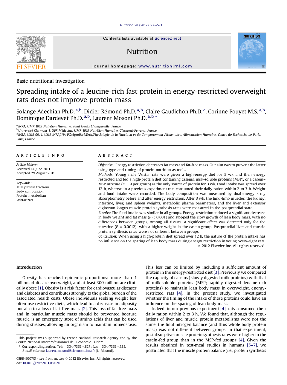 Basic nutritional investigationSpreading intake of a leucine-rich fast protein in energy-restricted overweight rats does not improve protein mass