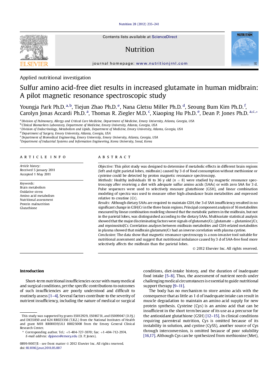 Applied nutritional investigationSulfur amino acid-free diet results in increased glutamate in human midbrain: A pilot magnetic resonance spectroscopic study