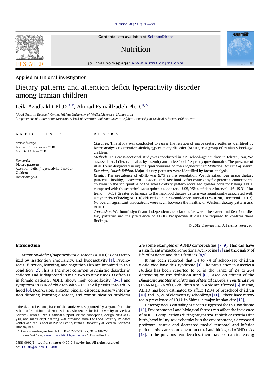 Applied nutritional investigationDietary patterns and attention deficit hyperactivity disorder among Iranian children