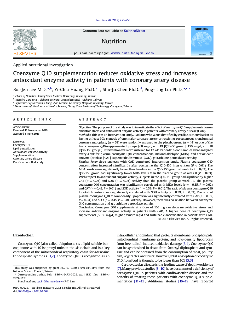 Applied nutritional investigationCoenzyme Q10 supplementation reduces oxidative stress and increases antioxidant enzyme activity in patients with coronary artery disease