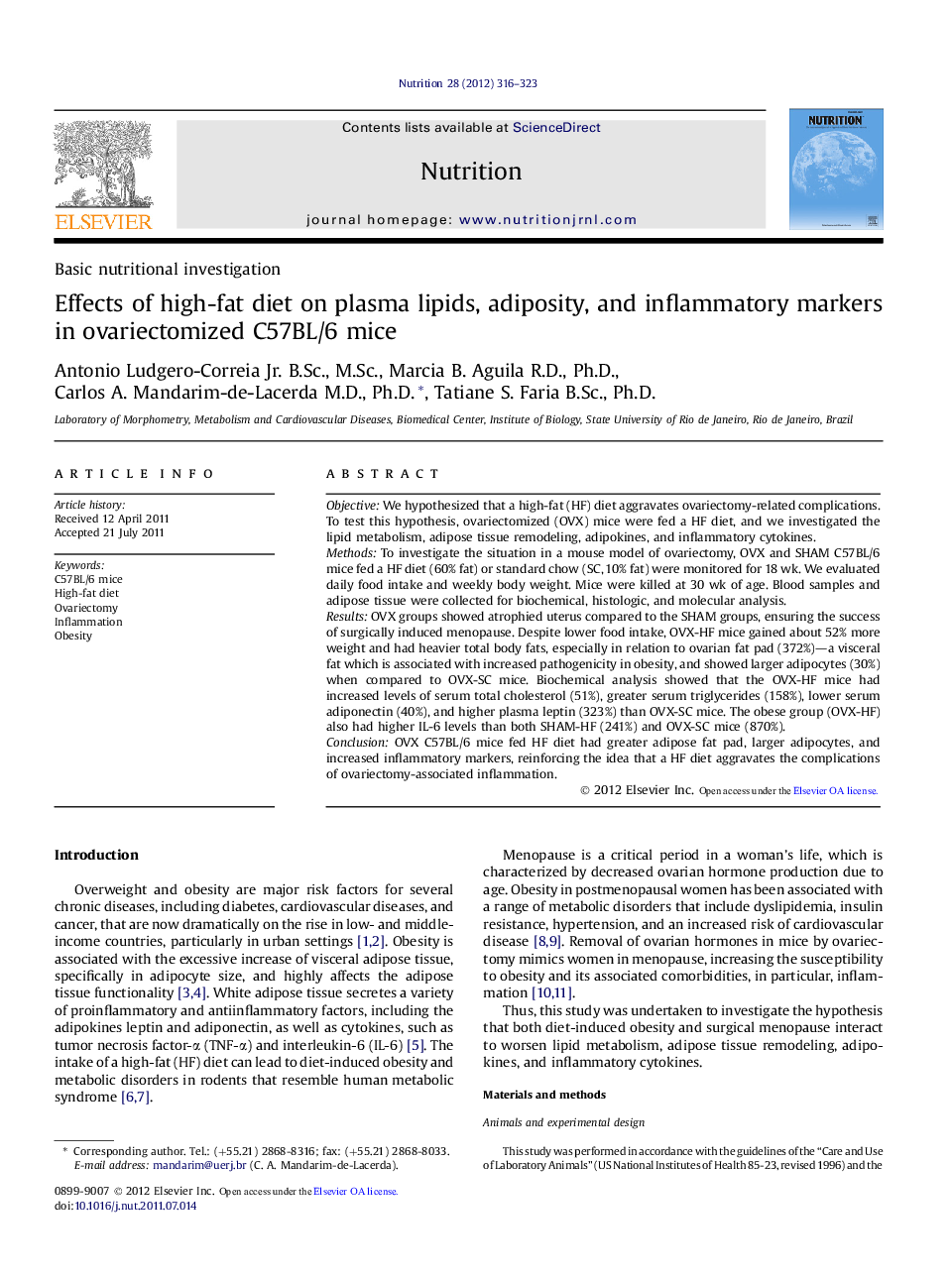 Basic nutritional investigationEffects of high-fat diet on plasma lipids, adiposity, and inflammatory markers in ovariectomized C57BL/6 mice