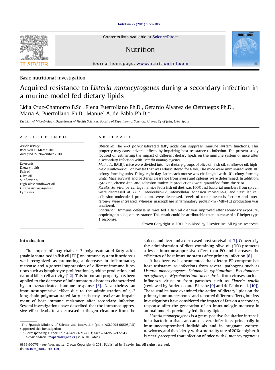 Basic nutritional investigationAcquired resistance to Listeria monocytogenes during a secondary infection in a murine model fed dietary lipids