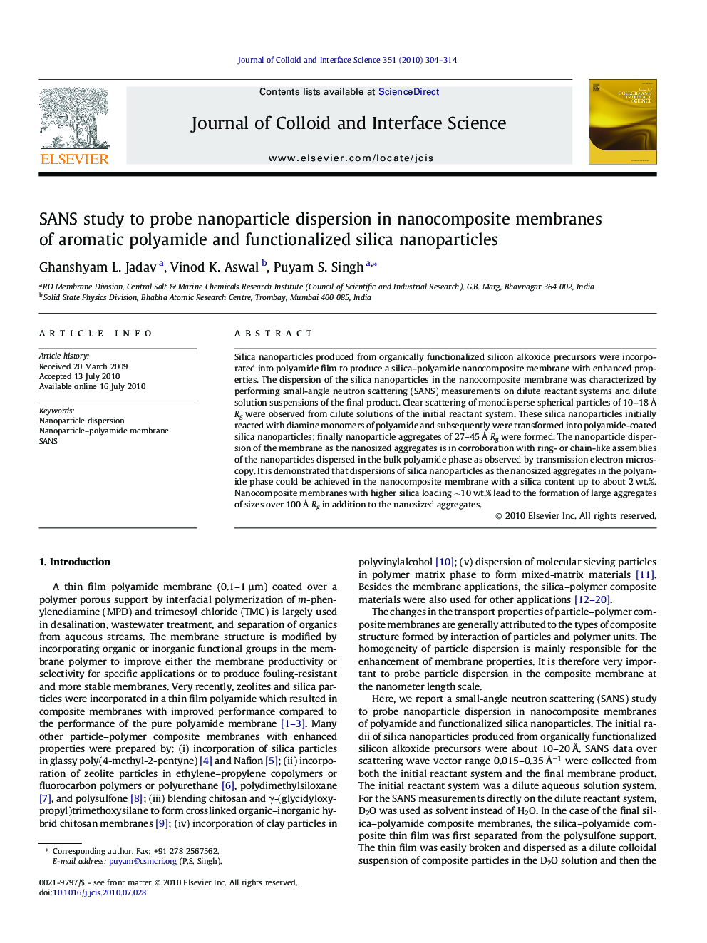 SANS study to probe nanoparticle dispersion in nanocomposite membranes of aromatic polyamide and functionalized silica nanoparticles