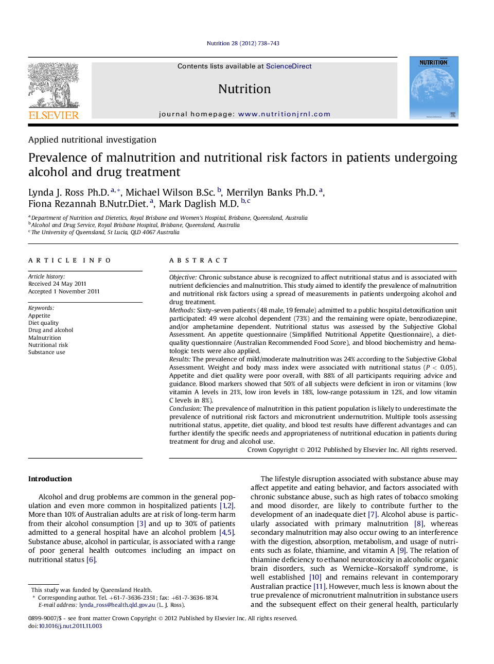 Applied nutritional investigationPrevalence of malnutrition and nutritional risk factors in patients undergoing alcohol and drug treatment