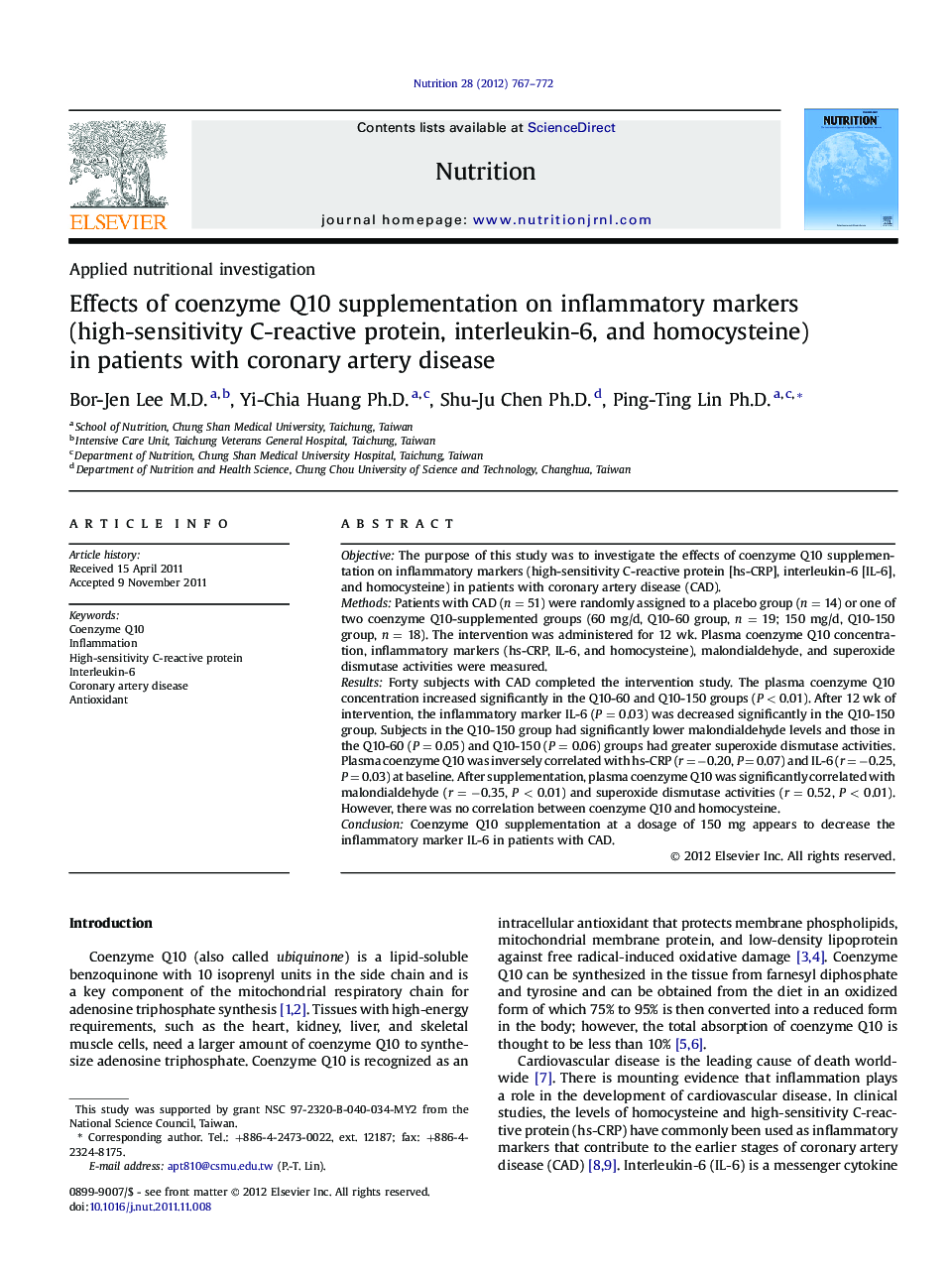 عکس صفحه اول مقاله: Applied nutritional investigationEffects of coenzyme Q10 supplementation on inflammatory markers (high-sensitivity C-reactive protein, interleukin-6, and homocysteine) in patients with coronary artery disease Applied nutritional investigationEffects of coenzyme Q10 supplementation on inflammatory markers (high-sensitivity C-reactive protein, interleukin-6, and homocysteine) in patients with coronary artery disease
