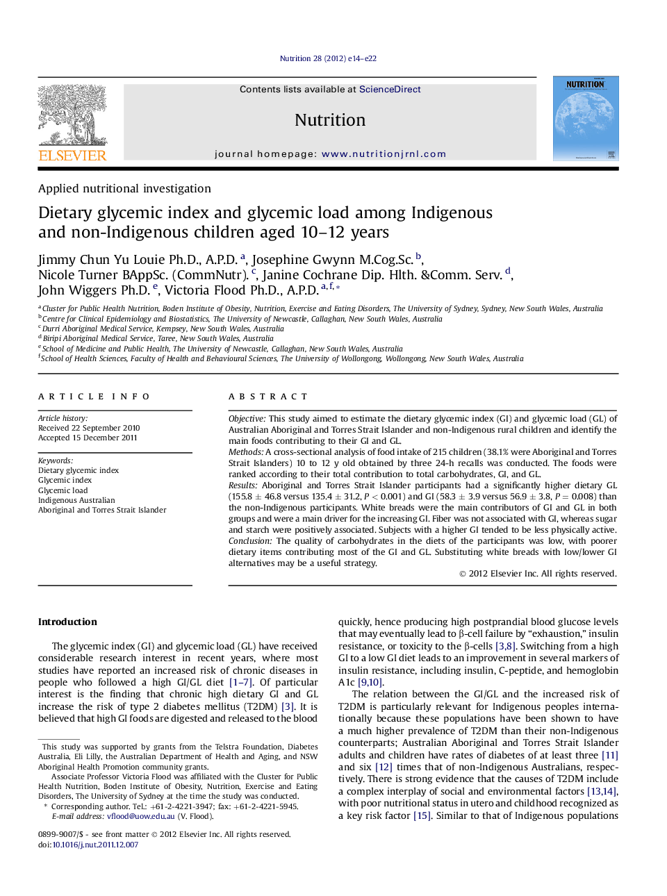 Applied nutritional investigationDietary glycemic index and glycemic load among Indigenous and non-Indigenous children aged 10-12 years