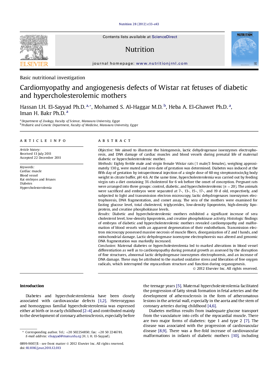 Basic nutritional investigationCardiomyopathy and angiogenesis defects of Wistar rat fetuses of diabetic and hypercholesterolemic mothers