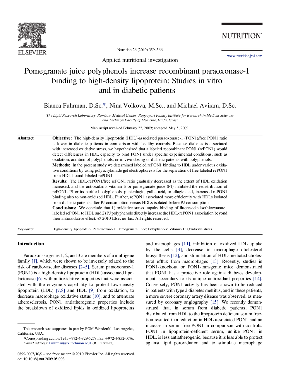 Applied nutritional investigationPomegranate juice polyphenols increase recombinant paraoxonase-1 binding to high-density lipoprotein: Studies in vitro and in diabetic patients