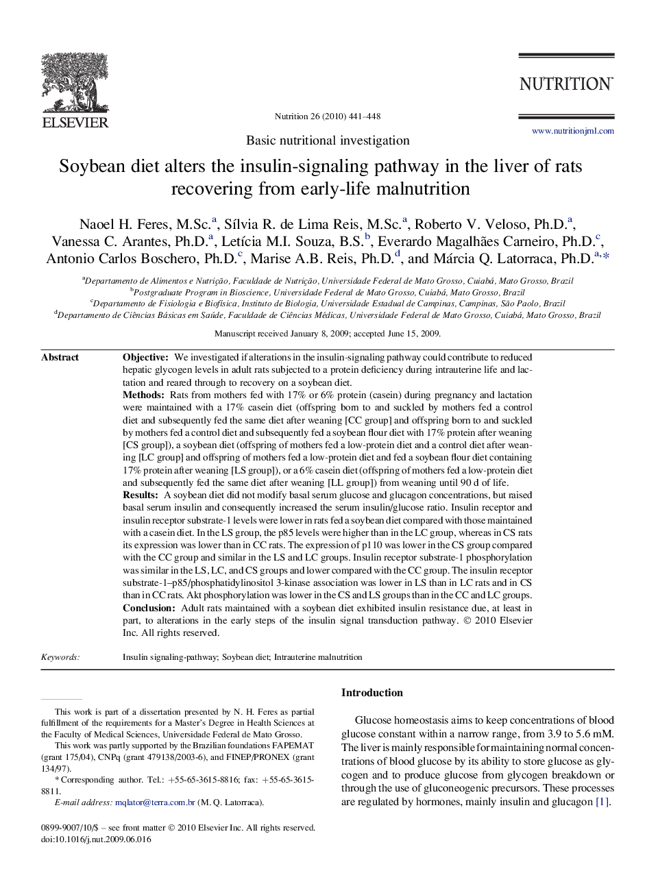 Basic nutritional investigationSoybean diet alters the insulin-signaling pathway in the liver of rats recovering from early-life malnutrition