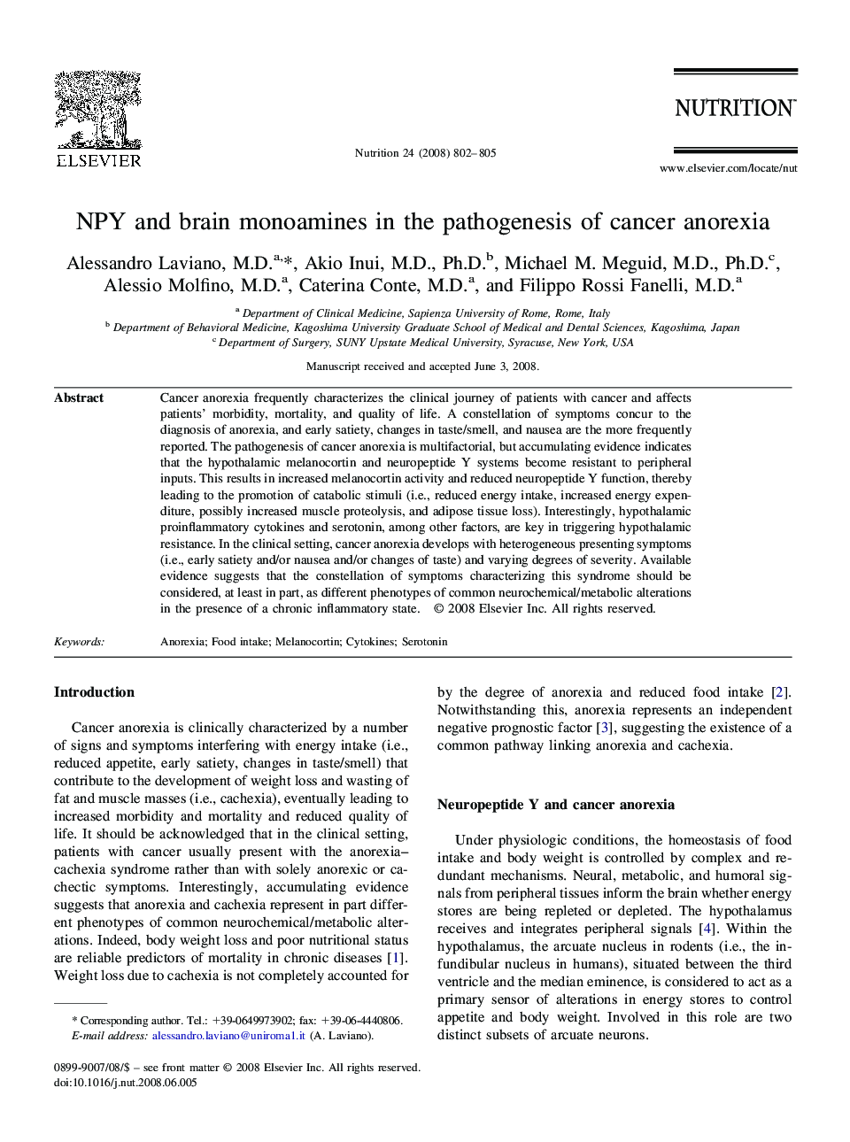 NPY and brain monoamines in the pathogenesis of cancer anorexia