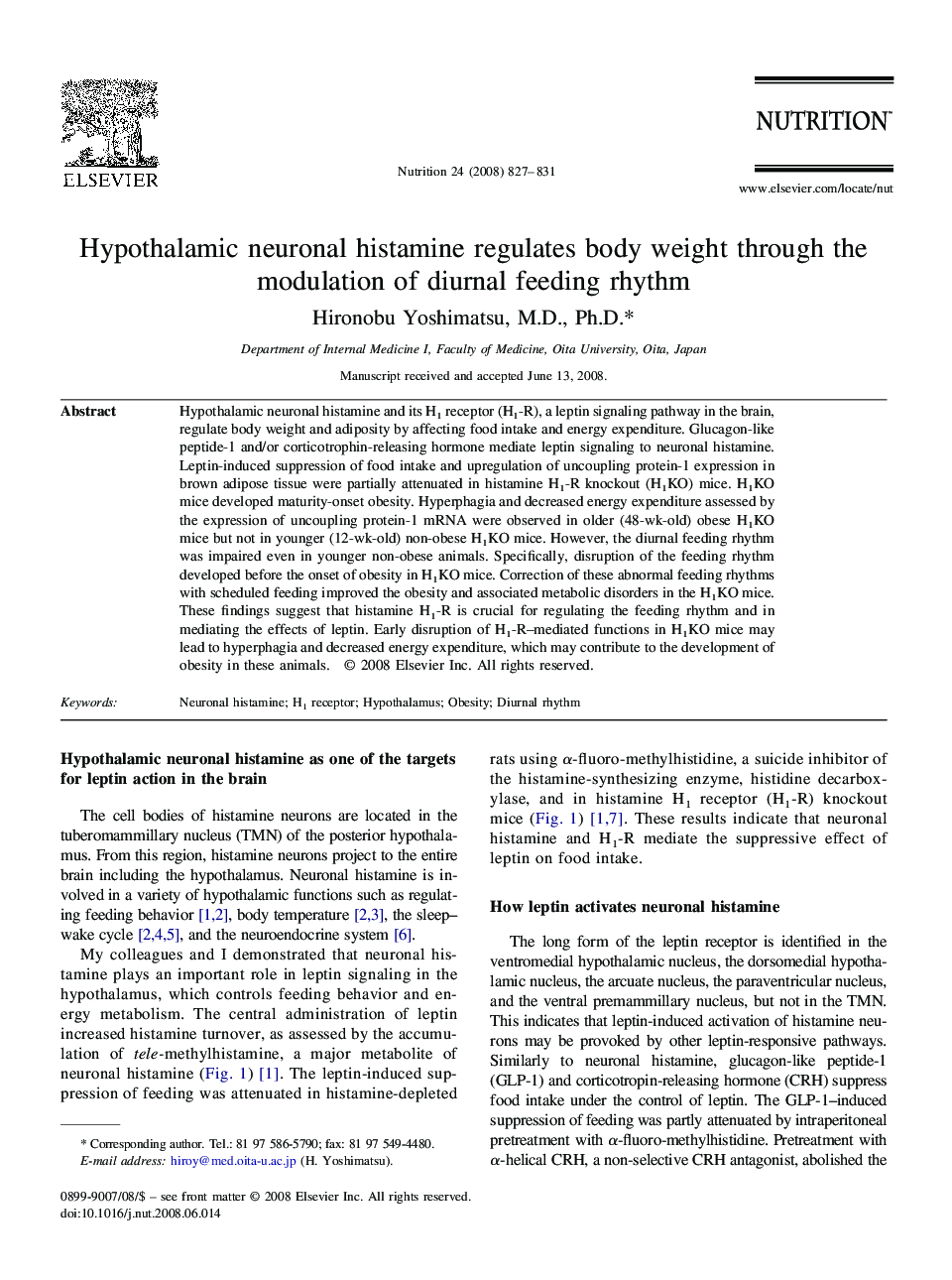 Hypothalamic neuronal histamine regulates body weight through the modulation of diurnal feeding rhythm