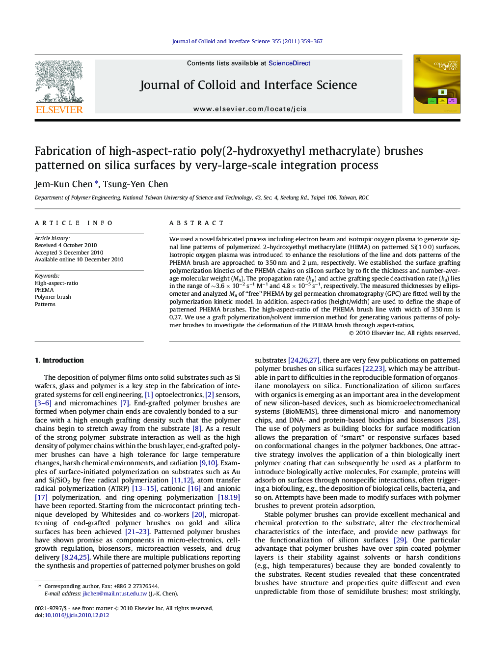 Fabrication of high-aspect-ratio poly(2-hydroxyethyl methacrylate) brushes patterned on silica surfaces by very-large-scale integration process