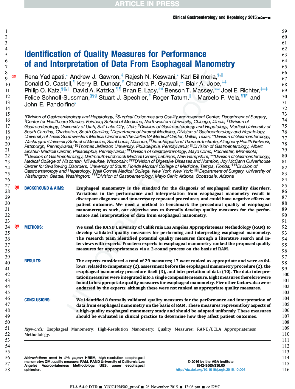 Identification of Quality Measures for Performance ofÂ andÂ Interpretation of Data From Esophageal Manometry