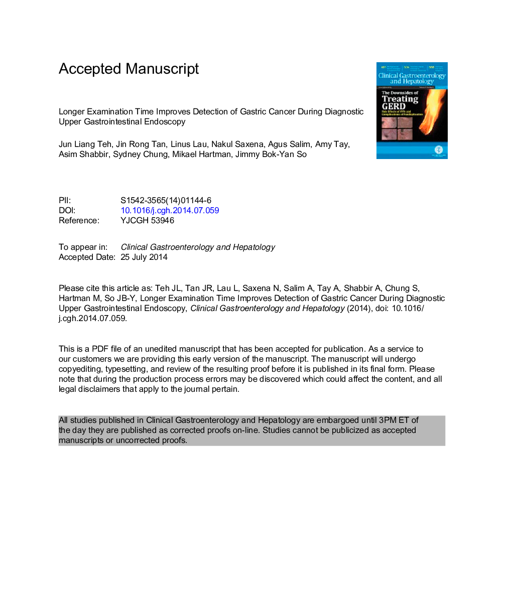 Longer Examination Time Improves Detection of Gastric Cancer During Diagnostic Upper Gastrointestinal Endoscopy