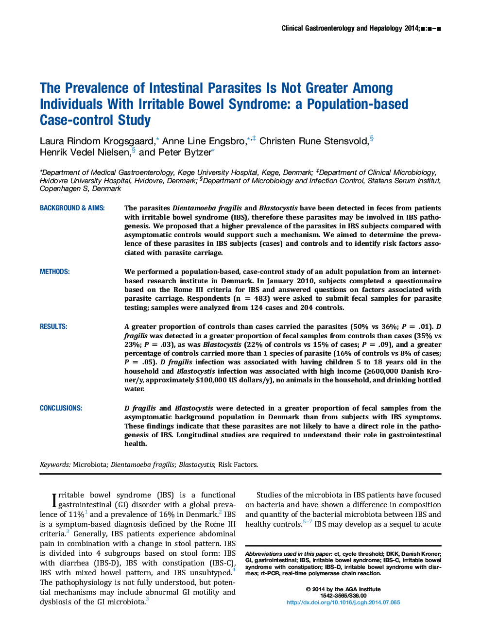 The Prevalence of Intestinal Parasites Is Not Greater Among Individuals With Irritable Bowel Syndrome: A Population-based Case-control Study