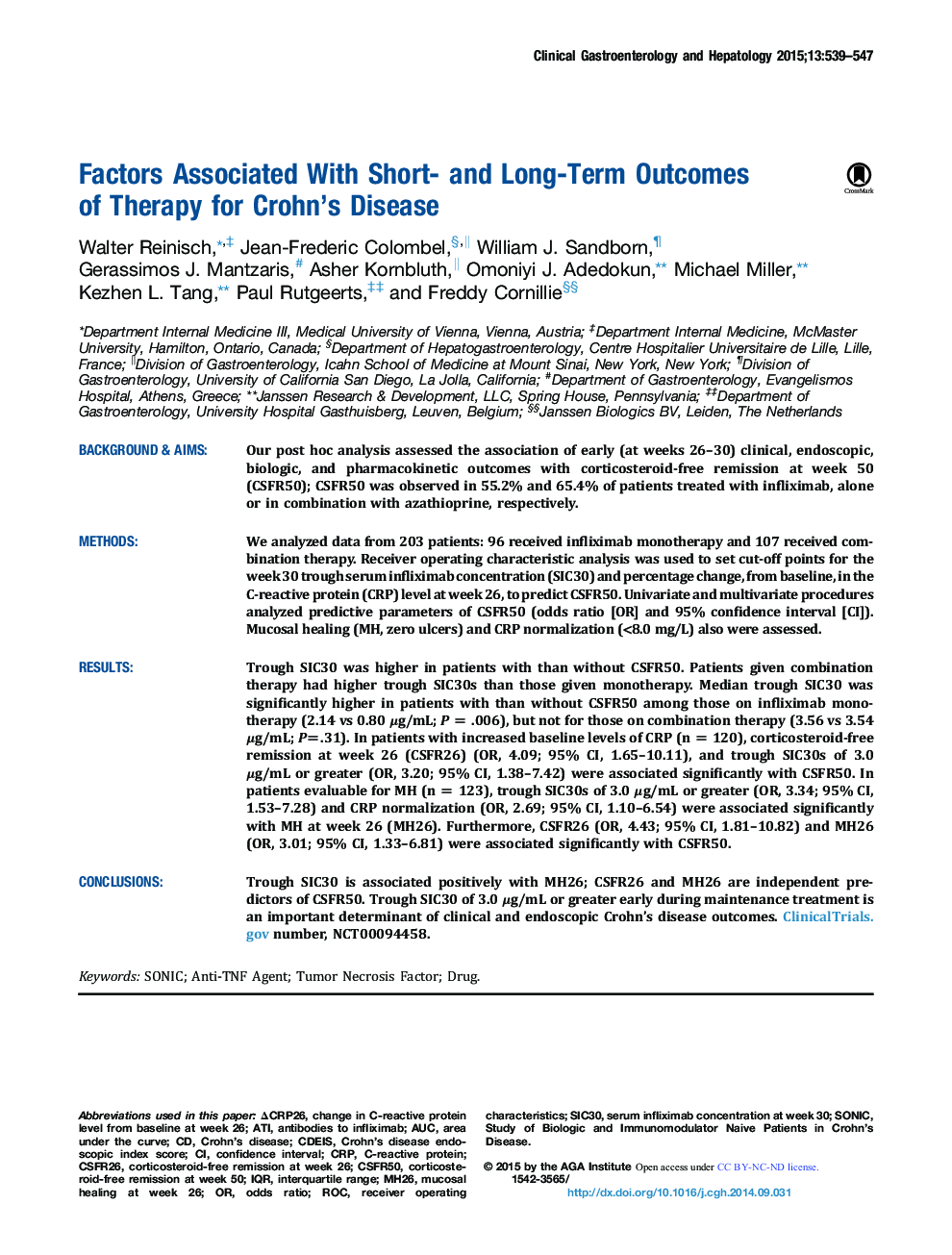 Original articleAlimentary tractFactors Associated With Short- and Long-Term Outcomes ofÂ Therapy for Crohn's Disease