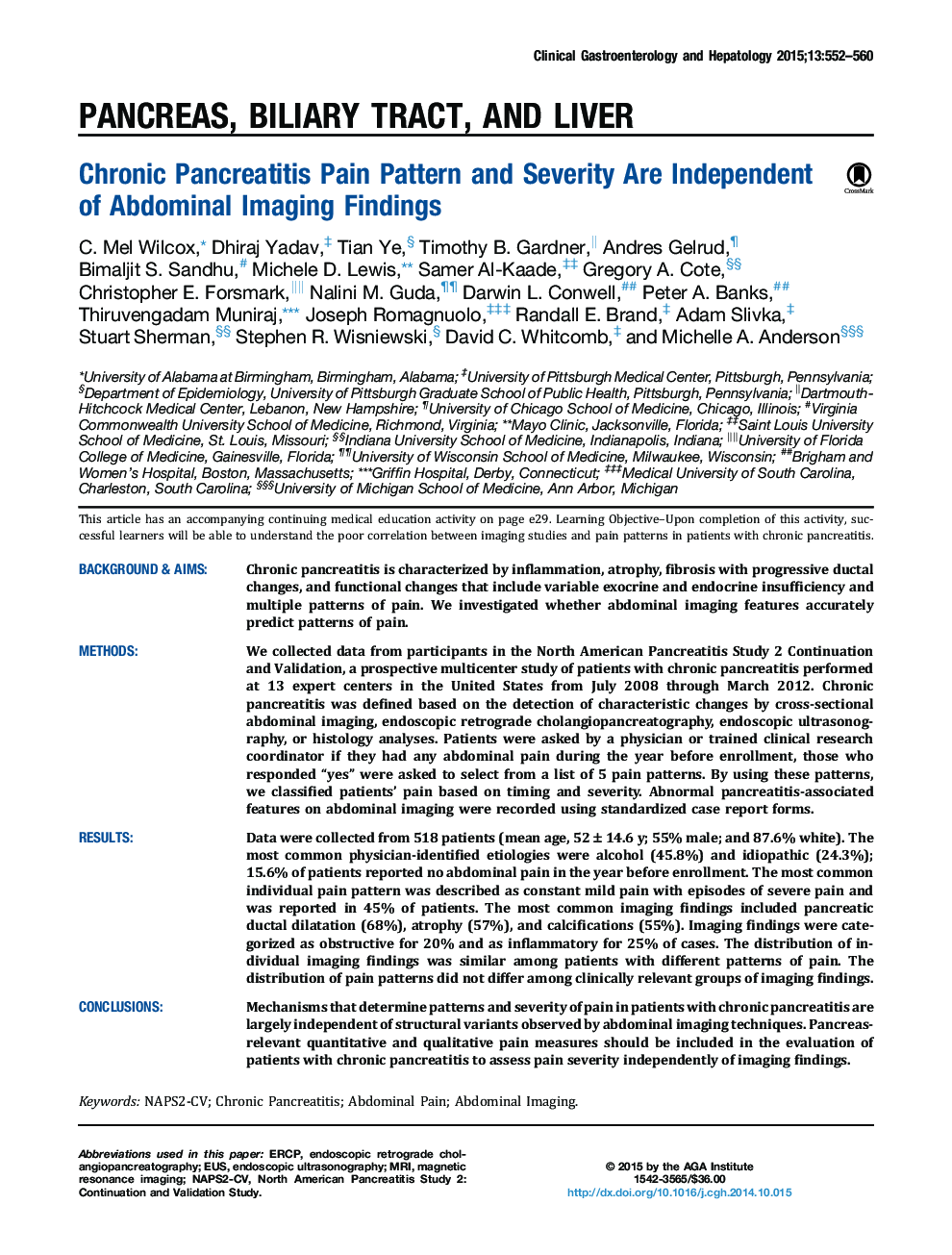 Chronic Pancreatitis Pain Pattern and Severity Are Independent of Abdominal Imaging Findings